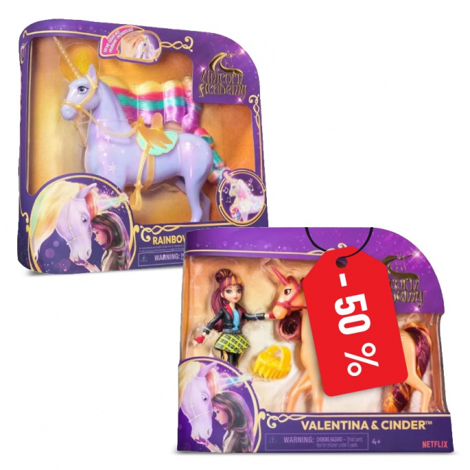 Unicorn Academy svetlobni enorožec Wildstar 28 cm + Valentina in Cinder 11 cm za polovico