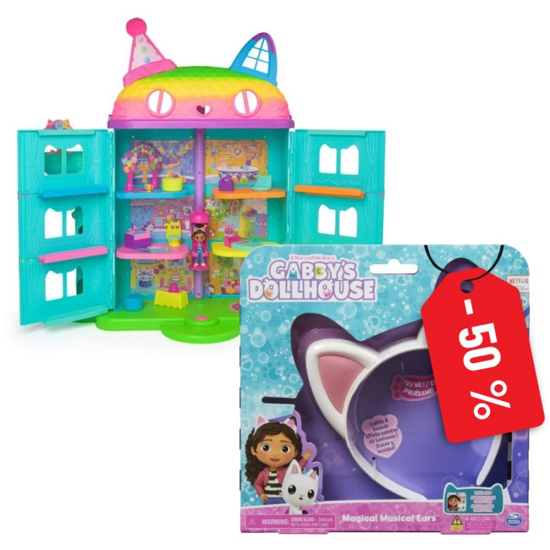 Ugoden paket: Velika čarobna hiša Gábina s praznovanjem z igranjem mačjih ušes za pol cene.