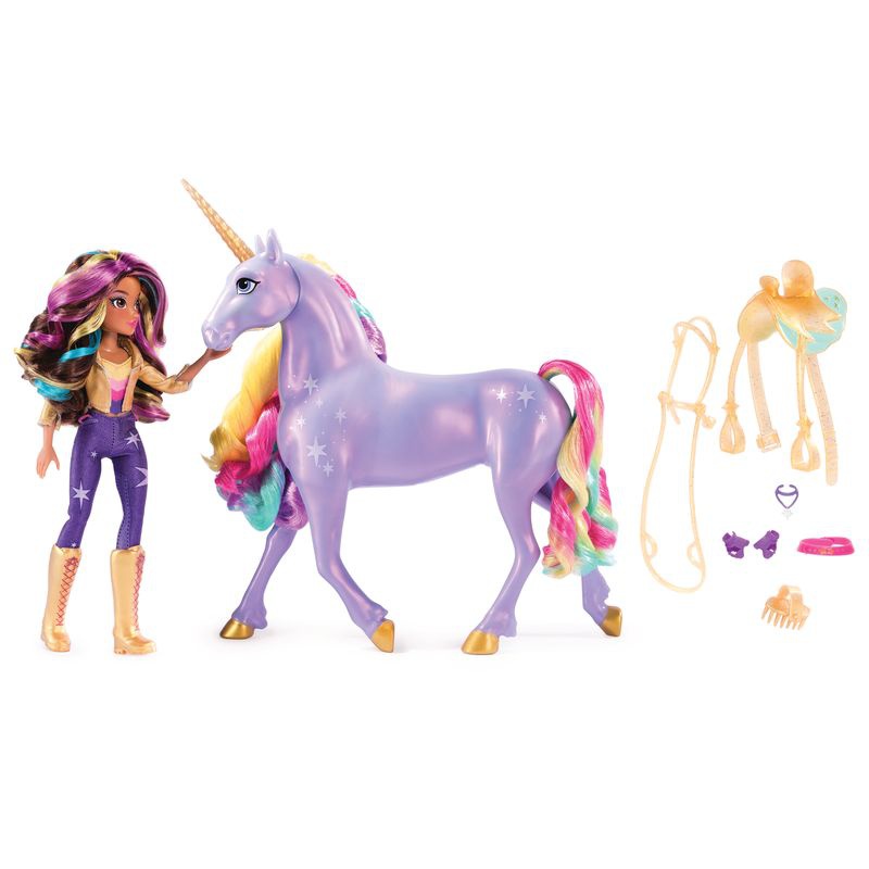 Ugoden set: Unicorn Academy svetlobna Wildstar 28 cm in Sophia 24 cm + ogrlica s prstanom