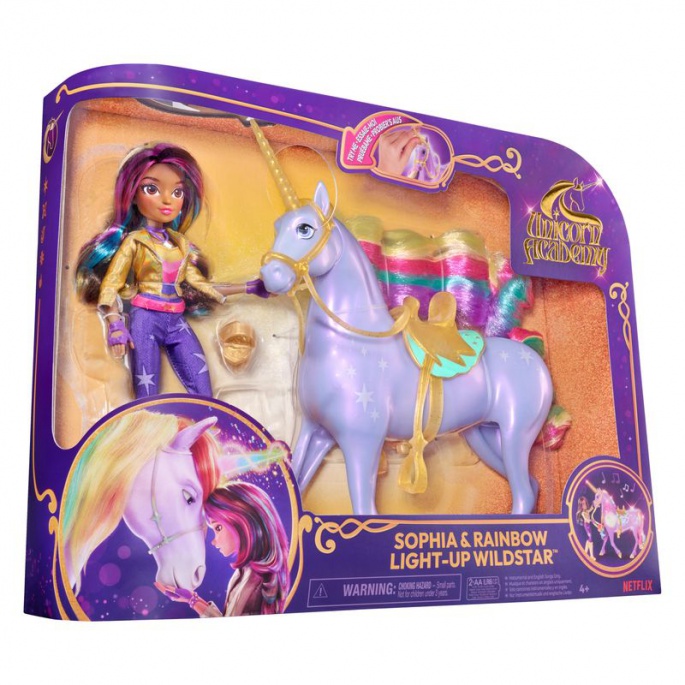 Ugoden set: Unicorn Academy svetlobna Wildstar 28 cm in Sophia 24 cm + ogrlica s prstanom
