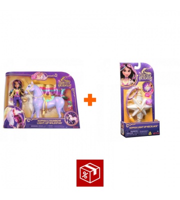 Ugoden set: Unicorn Academy svetlobna Wildstar 28 cm in Sophia 24 cm + ogrlica s prstanom