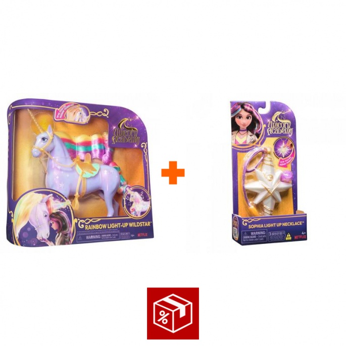 Ugoden set: Unicorn Academy svetlobni samorog Wildstar 28 cm + ogrlica s prstanom