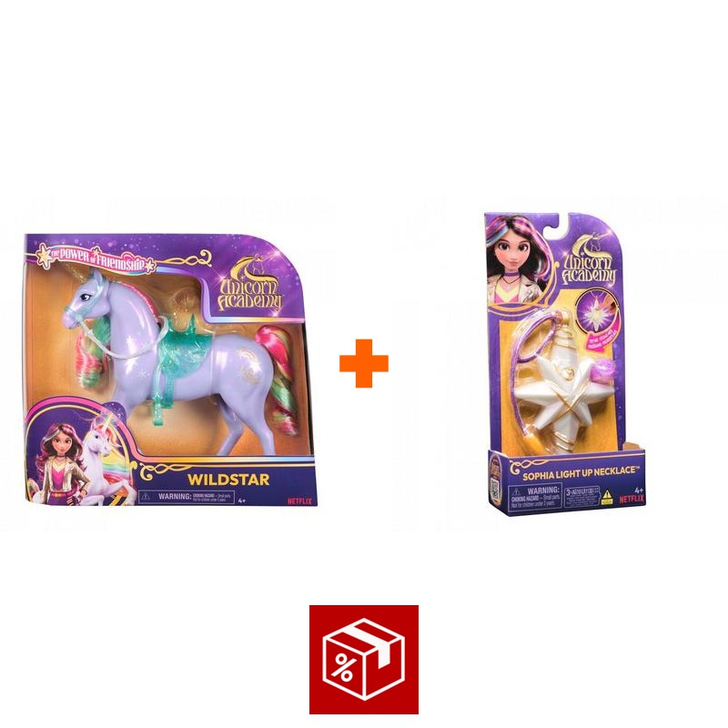 Ugoden komplet: Unicorn Academy česalni enorožec Wildstar 24 cm + ogrlica s prstanom