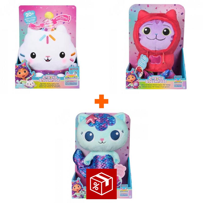 Set Ugodne Cene: Gabby’s Dollhouse Cakey plišasta igračka z zvoki + plišasti DJ Catnip in Mercat