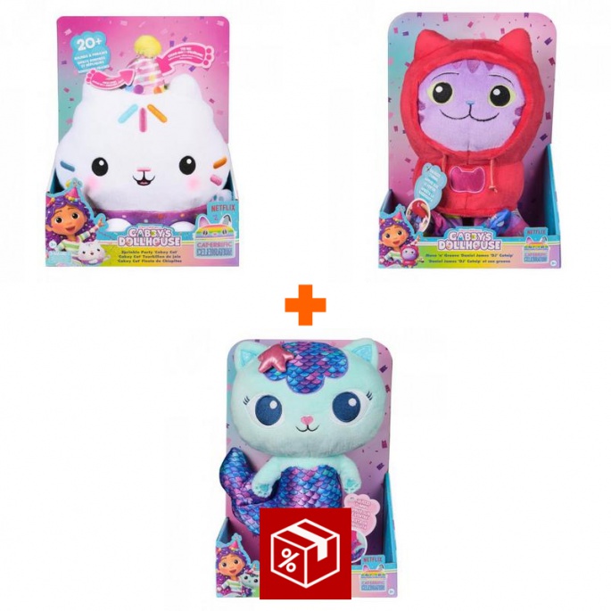Set Ugodne Cene: Gabby’s Dollhouse Cakey plišasta igračka z zvoki + plišasti DJ Catnip in Mercat