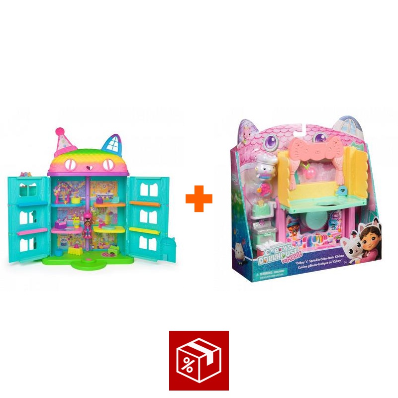 Ugodni set: Gabby’s Dollhouse velika hiša z zabavo + kuhinja za veliko hišo