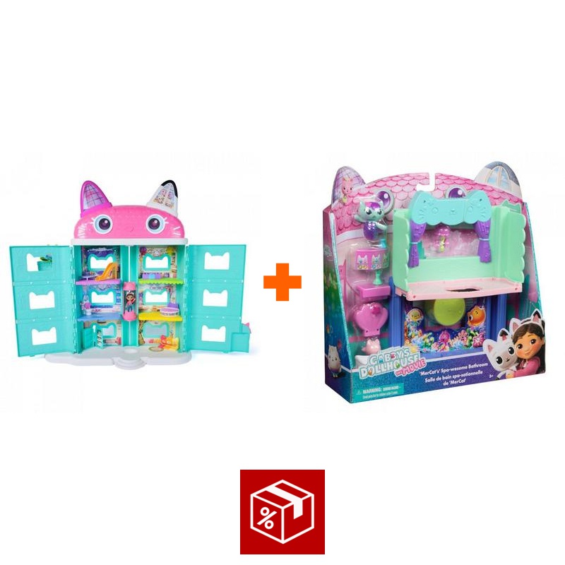 Ugoden komplet: Hiša iz filma Gabby’s Dollhouse: velika hiša iz filma + kopalnica za veliko hišo