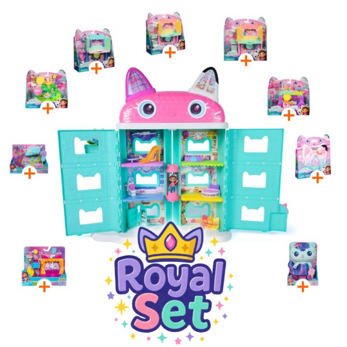 Kraljevski set: Gabby’s Dollhouse velik hiša iz filma z 9 dodatki + plišasti Mercat BREZPLAČNO