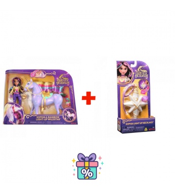 Ugoden set: Unicorn Academy svetlobna Wildstar 28 cm in Sophia 24 cm + ogrlica s prstanom