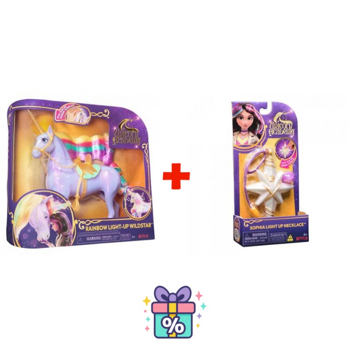 Ugoden set: Unicorn Academy svetlobni samorog Wildstar 28 cm + ogrlica s prstanom