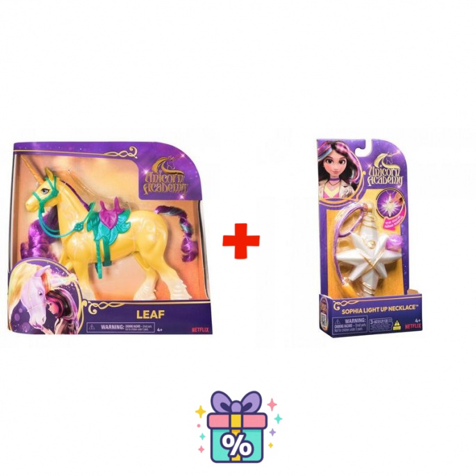 Ugodni set: Unicorn Academy Unicorn za česanje Leaf 28 cm + ogrlica s prstanom