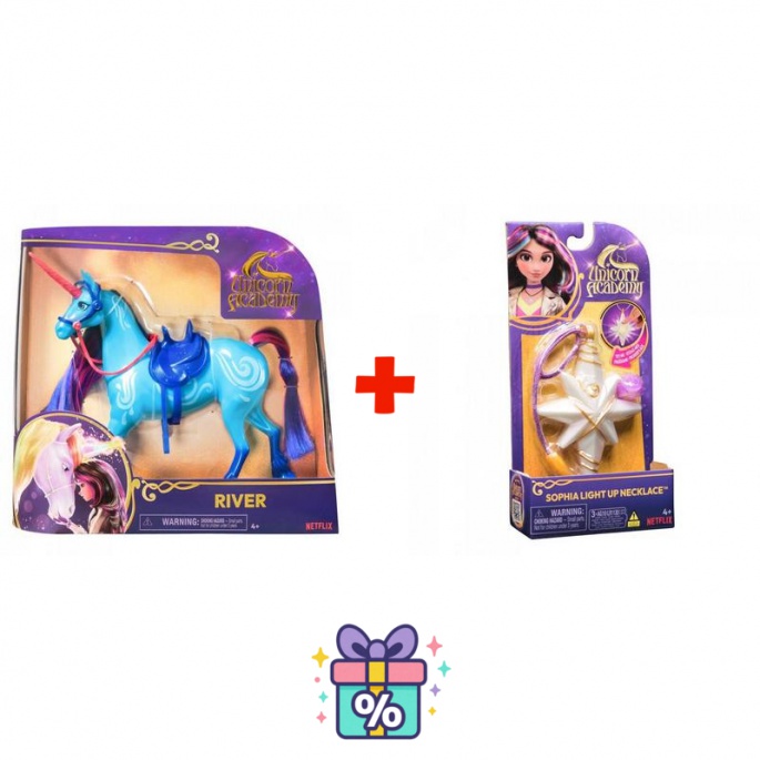 Ugoden set: Unicorn Academy česalni samorog River 28 cm + ogrlica s prstanom