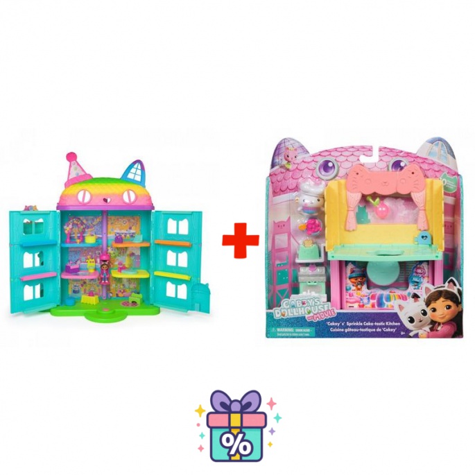 Ugoden set: Gabby’s Dollhouse velik hiša praznovanje + soba za hišo kuhinja