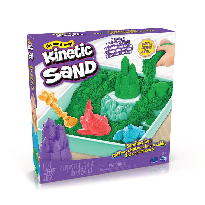 Kinetic Sand škatla z tekočim peskom in zeleno podlago