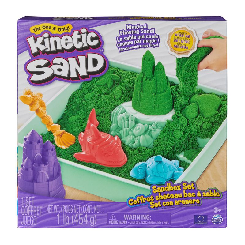 Kinetic Sand škatla z tekočim peskom in zeleno podlago