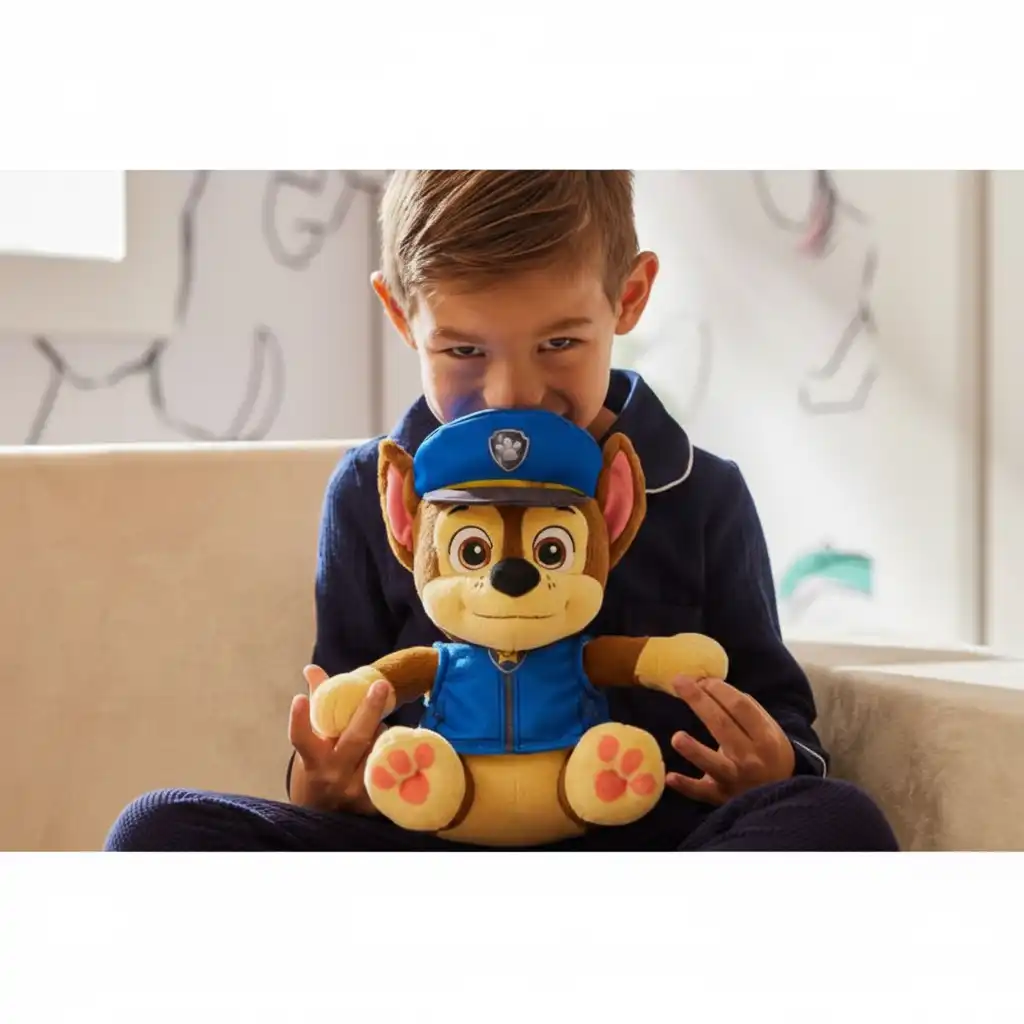 Miren spanec z zvestim plišastim prijateljem ob strani.