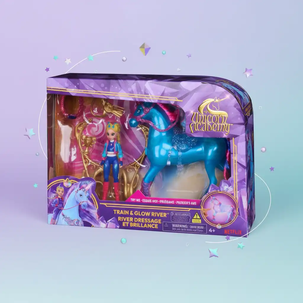 Magični svetlobni učinki, aktivirani z draguljem na prsnem delu enoroga.